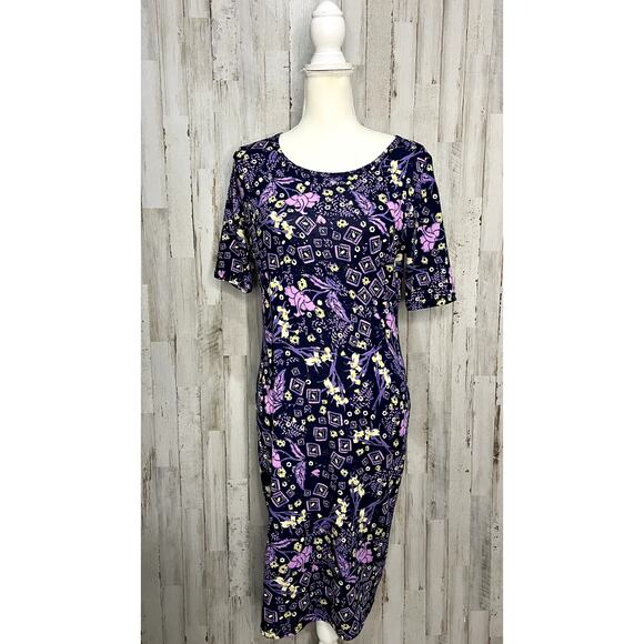 LulaRoe Julia Dress Women's Medium Purple Floral Pencil Knee Length Casual - Picture 1 of 6